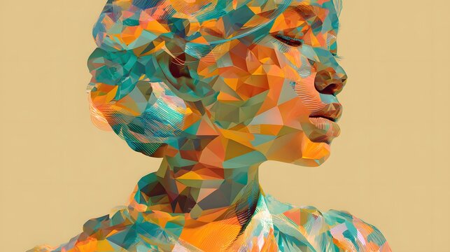 Profile portrait of a person rendered in vibrant, fragmented geometric shapes against a muted background