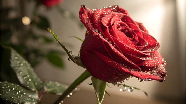 Dew drops adorn a vibrant red rose