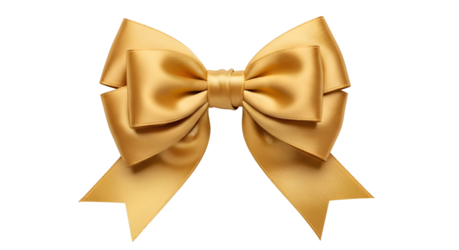 Golden silk ribbon gift bow perfect for luxury present decoration and festive holiday design. isolated PNG with Transparent Background