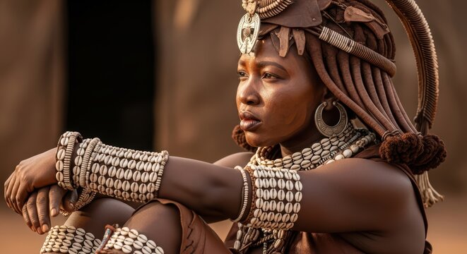 African female in traditional himba attire reflects in sunlit setting