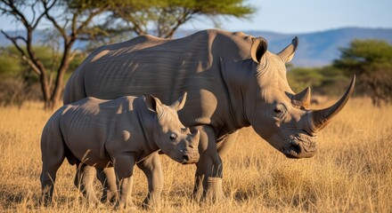 Obraz premium Adult and young rhinos in african savanna landscape