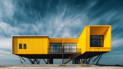 Modern elevated structure features vibrant yellow exterior against dramatic blue sky