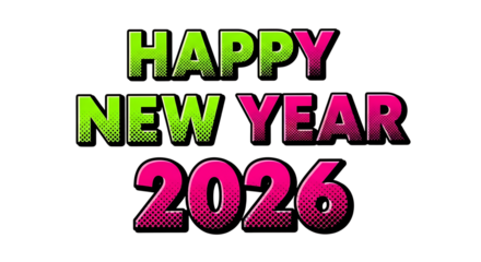 Happy New Year 2026 text, with neon green and pink gradient fill, cutout, PNG isolated on white or transparent background
