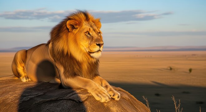 Majestic lion resting on rock in vast african savannah landscape