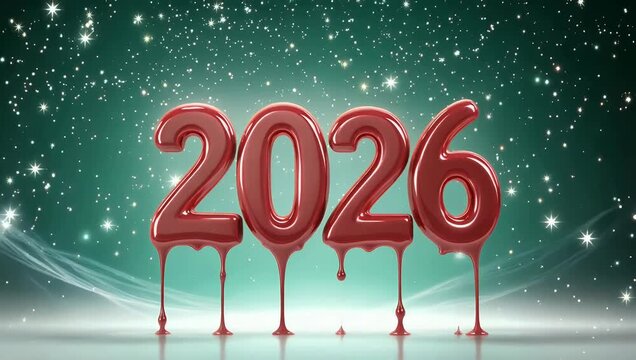 eye catching 4k horizontal video glossy red liquid 3d numbers 2026 falling bright green background shining highlights ideal joyful winter holiday new year celebration es