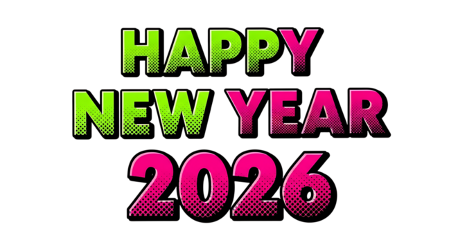 Happy New Year 2026 text, with neon green and pink gradient fill, cutout, PNG isolated on white or transparent background