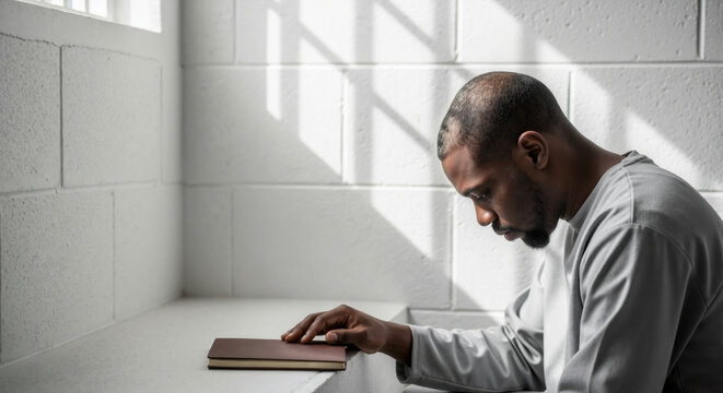 A solitary man thoughtfully reading a book inside a cell, illuminated by sunlight.