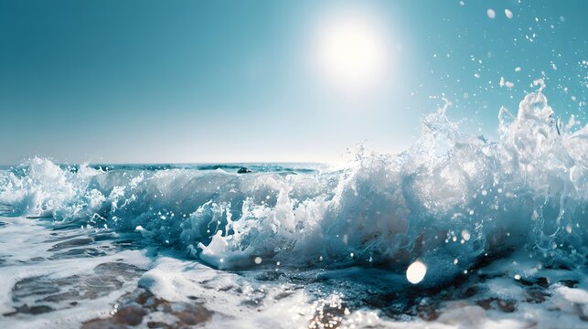 Bright sun illuminates a powerful ocean wave crashing onto the shore with great intensity