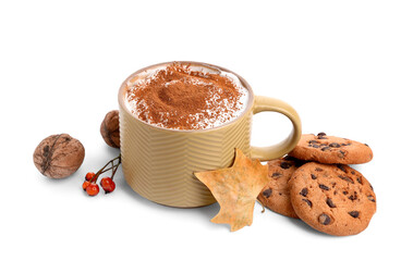 Beige mug with hot coffee and cookies isolated on white background, closeup
