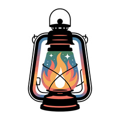 color vector illustration of vintage lantern with stars and flame inside symbolizing warmth and guidance