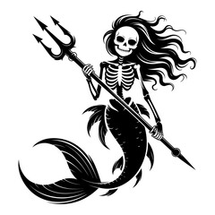 black and white vector illustration of skeleton mermaid holding trident gothic fantasy dark ocean art