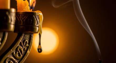 Close up of menorah candle with melting wax and smoke for Hanukkah celebration. Jewish holiday concept with copy space.