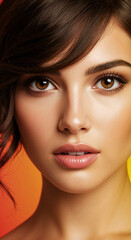 A stunning, cheerful closeup highlights a woman's radiant smile and warm brown eyes, set against a vibrant, sunlit backdrop.