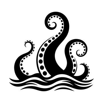 black and white silhouette vector of kraken tentacles rising from ocean waves symbolizing sea monster