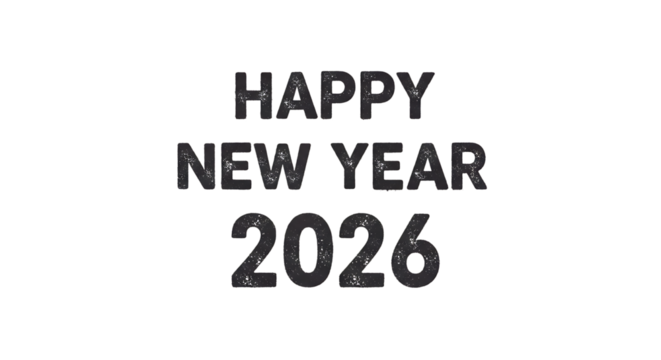 Happy New Year 2026 text, with distressed grunge effect, cutout, PNG isolated on white or transparent background