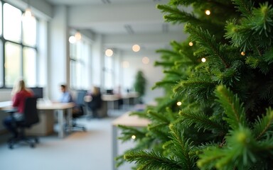 Evergreen tree or bush over blurred background in office. High quality