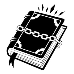 black silhouette of a chained spellbook with glowing marks symbolizing forbidden magic and mystery
