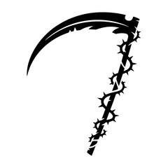 black and white silhouette vector of grim reaper scythe wrapped with thorn vines gothic horror design