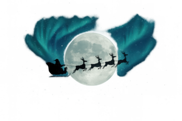 Santa claus driving sleigh with reindeer team against full moon and northern lights, christmas night silhouette flying