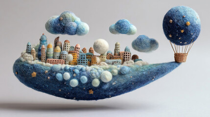 levitating galaxy-shaped fiber art, 3d miniature+clouds+city+balloon+basket