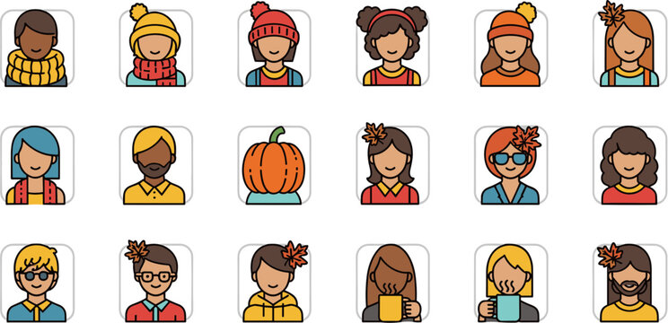 Collection of diverse autumn themed people avatars and icons.