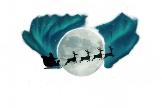 Santa claus driving sleigh with reindeer team against full moon and northern lights, christmas night silhouette flying