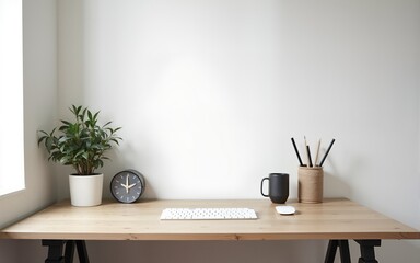 Desk at home office with supplies and wall copy space. Minimalistic workspace. High quality