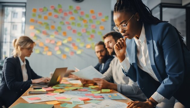 Focused black female project manager examines paperwork with diverse team near sticky notes, concept for strategy planning, business brainstorming and collaborative innovation