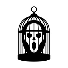 black and white silhouette vector of haunted cage with ghostly face inside symbolizing fear and horror