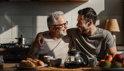 Smiling senior father with arm around adult son in sunny kitchen setting, concept for family bonding moments, intergenerational relationships and lifestyle content