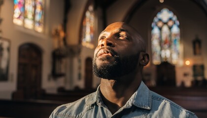 Fototapeta premium A man with a beard in a church looking up at stained glass windows with sunlight, concept for faith inspiration spiritual guidance and religious devotion