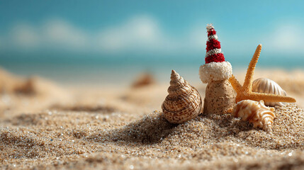 Summer christmas in july made of sand and shell on the beach