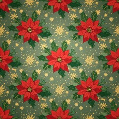 Festive christmas seamless pattern with poinsettia flowers and snowflakes on a green background, perfect for holidaythemed designs and decorations