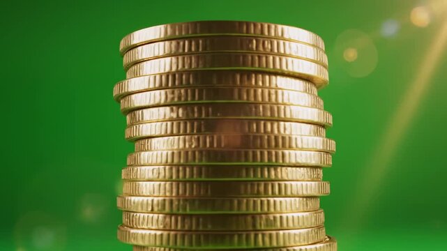 A stack of golden coins reflects light against a green background, with a sunny lens flare