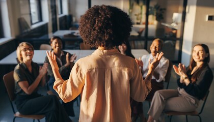 Back view of female team leader with diverse colleagues clapping in office meeting setup, concept for teamwork celebration, business presentation and employee recognition