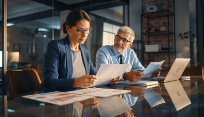 Fototapeta premium Two business people analyzing data charts and documents at modern office room, concept for financial reporting, strategic planning and collaborative teamwork, Chief Financial Officer analyzing