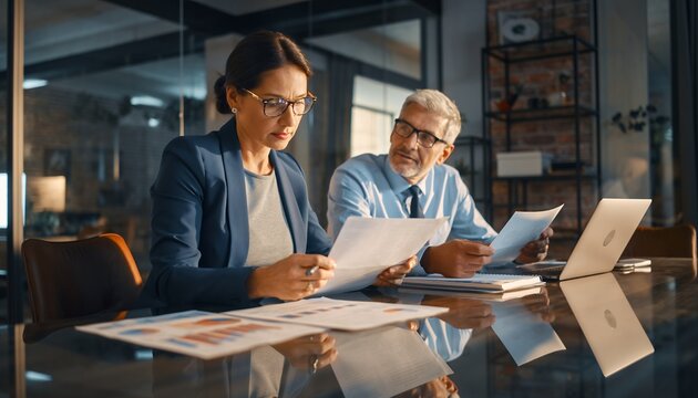 Two business people analyzing data charts and documents at modern office room, concept for financial reporting, strategic planning and collaborative teamwork, Chief Financial Officer analyzing