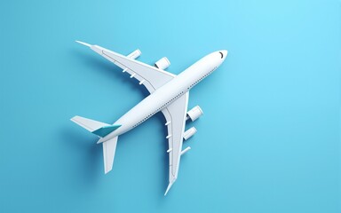 Flat lay design of travel concept with plane on blue background with copy space. High quality