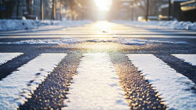 Winter sunlight glimmers on a snowy crosswalk in a quiet city street during late afternoon