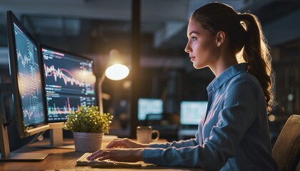 Focused female financial analyst is working with stock market charts on dual monitors, concept for investment strategy, economic analysis and data visualization