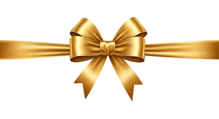 Fototapeta premium Elegant gold ribbon with decorative bow, luxury metallic satin gift wrap element, shiny golden silk border for premium invitations and holiday packaging isolated PNG with Transparent Background