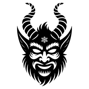 black and white silhouette vector of mythical horned krampus demon face with snowflake symbol design