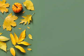 Pumpkin and beautiful autumn leaves on green background