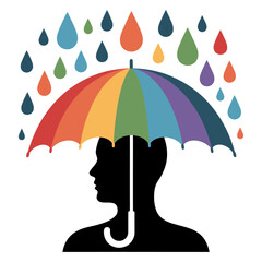 colorful vector illustration of human silhouette under rainbow umbrella symbolizing protection and hope