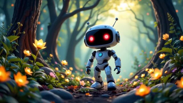 Cute robot with glowing red eyes exploring flowered woodland path enchanted forest sunrise with glowing flowers and soft sunlight, whimsical fantasy