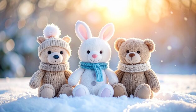 かわいいウサギとクマのぬいぐるみ・冬の動物