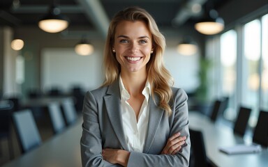confident young business woman on the background of the office. High quality