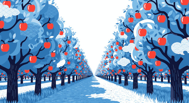 An illustration of an apple orchard with blue trees and vibrant red apples stretching into the distance.