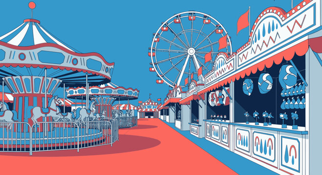 A stylized illustration of an empty amusement park with a carousel, Ferris wheel, and game booths.