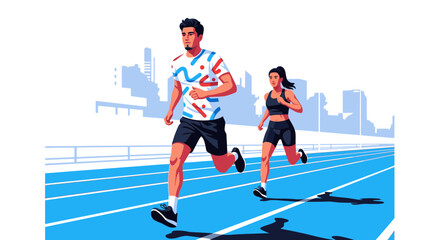 An athletic man and woman running together on a blue track with a city skyline in the background.